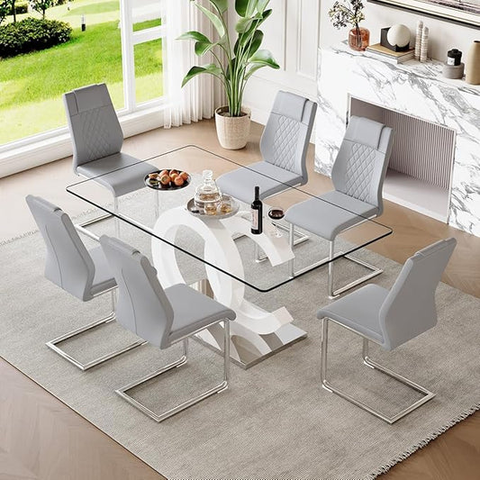 63'' Glass Dining Table Set for 6, Kitchen Table Chairs Set of 6, Clear Glass Dining Table with White unique design Leg and Silver Metal Base, 6 PU Dining Chairs with Metal Legs, Living Room, Kitchen.