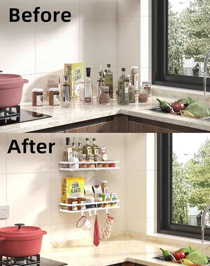 Spice Rack Organizer Wall Mount - 15.7in 2Pack [Upgraded Version] Hanging Seasoning Organizer Shelf with Paper Towel Holder, Storage for Cabinet or Wall Mounted with 4 Strong Hooks (Rice white)