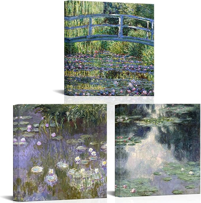 Innopics Lily Pond Canvas Wall Art Impressionist Painting Picture Natural Beauty Artwork Green Garden Classic Decoration for Bedroom Bathroom 12" x 12" x 3PCS