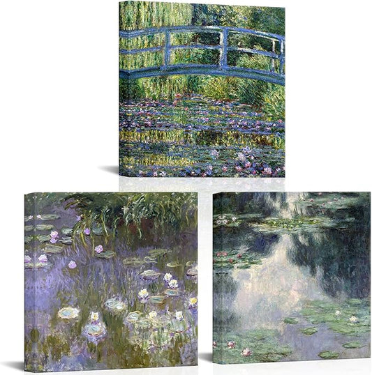 Innopics Lily Pond Canvas Wall Art Impressionist Painting Picture Natural Beauty Artwork Green Garden Classic Decoration for Bedroom Bathroom 12" x 12" x 3PCS