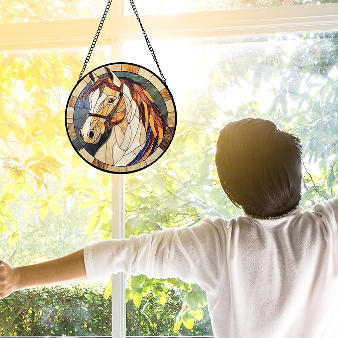 Stained Glass Window Hanging, Animal Horse Colored Mane Sun Catchers Glass Panel Cool Suncatcher Decor for Birthday for Women, Men, Wife, Aunt, and Mom 6.3 in