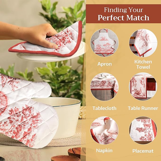 Maison d' Hermine 100% Cotton Oven Mitt & Pot Holder Set (7.5"x13" & 8"x8") Heat Resistant BBQ Cooking Gloves with Loop for Thanksgiving Christmas Decorations Handling Hot Pans (Holy Jouy - Red)