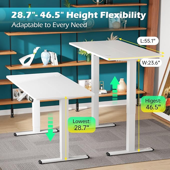 PayLessHere 55 Inch Electric Standing Desk Computer Desk with Large Space and Headphone Holder Office Desk with Electric Lifting and 2 Memory Function for Office Bedroom Meeting Room,White