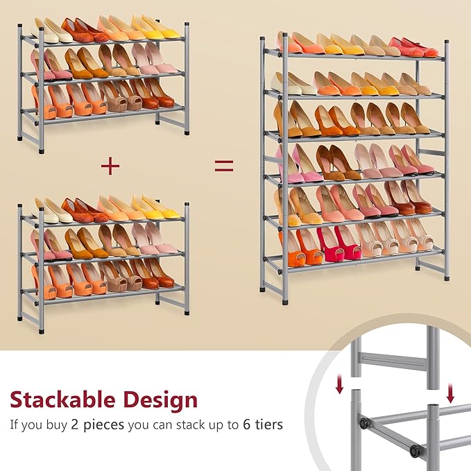 Tajsoon Expandable Shoe Rack for Closet 3 Tier, 28“-41“Adjustable & Stackable Shoe Shelf Storage, Metal Shoe Rack Organizer for Front Door Entrance, Closet, Garage, Entryway, Grey