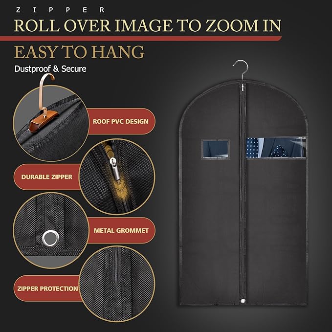40-inch Suit Bag Garment Bag for Travel and Storage, Garment Bags for Hanging Clothes with Zipper and Visible Transparent Window,1 Pack，Black