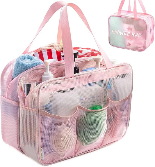 Large Mesh Shower Caddy with Wet & Dry Zones – Portable Hanging Toiletry Bag for College Dorm Room Essentials, Travel, Gym, Camping, Beach Tote Bag – Quick-Dry Shower Tote Organizer
