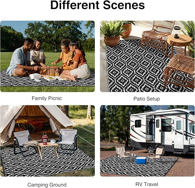 OLANLY Outdoor Rug 8x10 ft Waterproof, Outdoor Plastic Straw Rug with Geometric Pattern Clearance, Reversible RV Mat for Patio, Camping, Balcony, Deck, Backyard, Black & White
