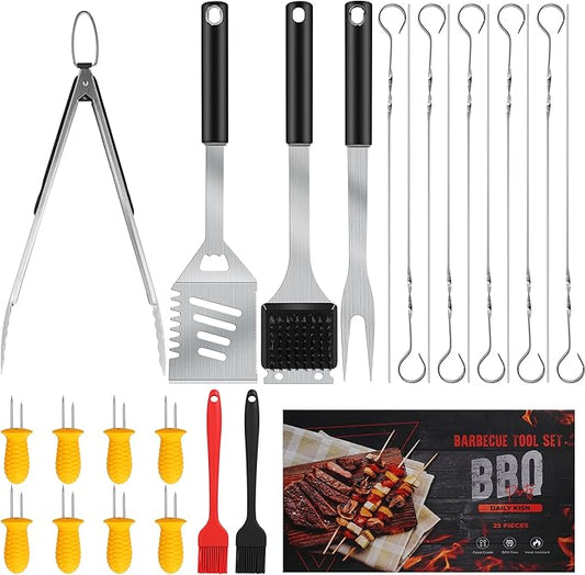 Grill Accessories Kit, Grill Tool Set with 4-in-1 BBQ Spatula, Fork, Tongs, Cleaner Brush, Skewers, Silicone Corn Holders, Silicone Brush, Grilling Gift Set for Men and Women