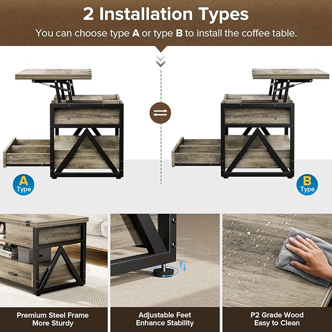 40" Lift Top Coffee Table,4 in 1 Multi-Function Lift Coffee Tables with Storage Drawers and Hidden Compartmen,Farmhouse Coffee Table with Lifting top for Living Room,Grey