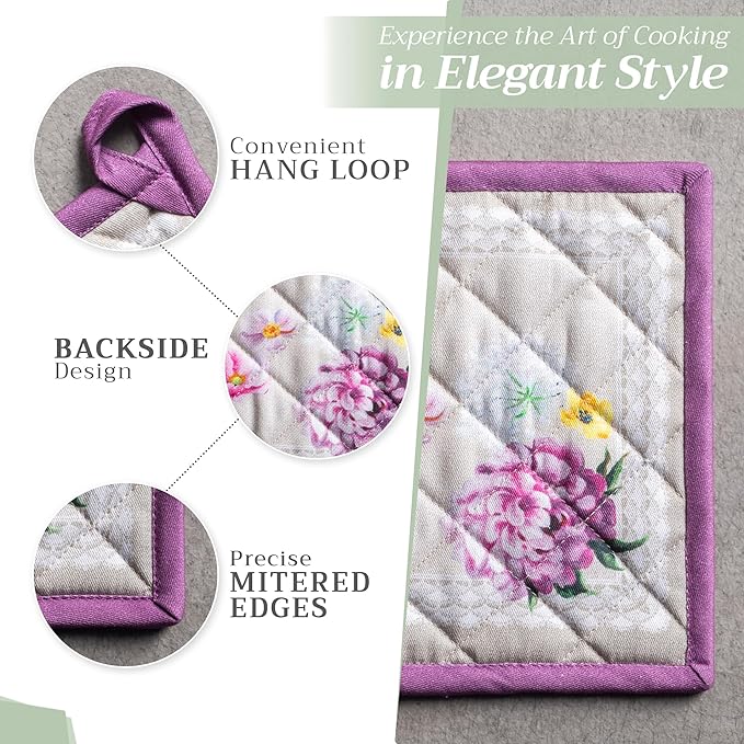 Maison d' Hermine 100% Cotton Oven Mitt & Pot Holder Set (7.5"x13" & 8"x8") Heat Resistant BBQ Cooking Gloves with Loop, Baking, Grilling, Kitchen, Handling Hot Pans Spring/Summer (Pivoine)