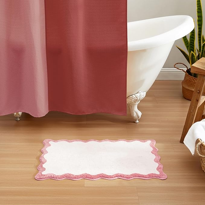 MONDAY MOOSE Bath Mat with Scalloped Wavy Ripple Design, Microfiber Absorbent Non Slip Tufted Rug for Floor, Shower or Kitchen (16x24 inch, Pink)
