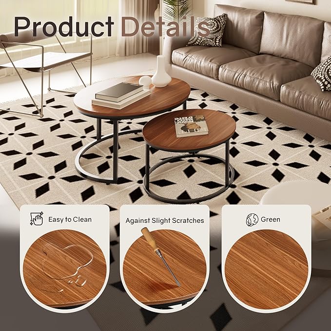 Nesting Tables Set of 2, 31.5" Round Coffee Table, Small Nesting Coffee Table with Adjustable Non-Slip Fee, Wood Grain Top Nesting Tables for Living Room, Bedroom (Wood Grain Brown)