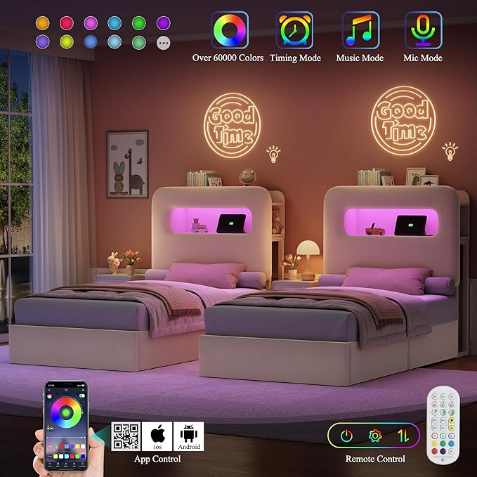 HOSTACK Twin LED Bed Frame with Storage Headboard and Charging Station, Kids Bed Frame with 2 Drawers and USB Ports, Velvet Upholstered Platform Bed Frame with Bookcase, No Box Spring Needed, Cream