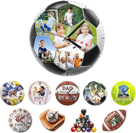 Custom Wall Clock, Personalized Clocks with Picture, Customized Silent Sports Ball Clock for Living Room Kids Bedroom, Creative Birthday Soccer Style