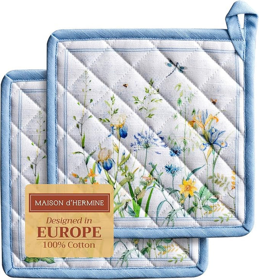 Maison d' Hermine Pot Holders Set 100% Cotton Heat Resistant Potholders 8" x 8" Hot Pads with Loop BBQ, Cooking, Baking, Grilling, Kitchen, Handling Hot Pans Spring/Summer (Pack of 2, Fleurs De Mai)