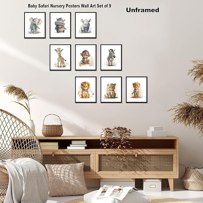 Funny Bathroom Animal Canvas Wall Art Set of 9, Baby Nursery Posters Wall Decor Painting,Tiger Lion Elephant Giraffe Monkey Posters Prints for Bathroom Bedroom Babyroom 8x10In Unframed