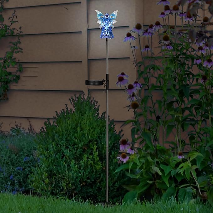 Exhart Garden Solar Lights, Decorative Angel Garden Stake, 12 LEDs, Cute Yard and Pathway Decor, Blue, 4 x 34 Inch