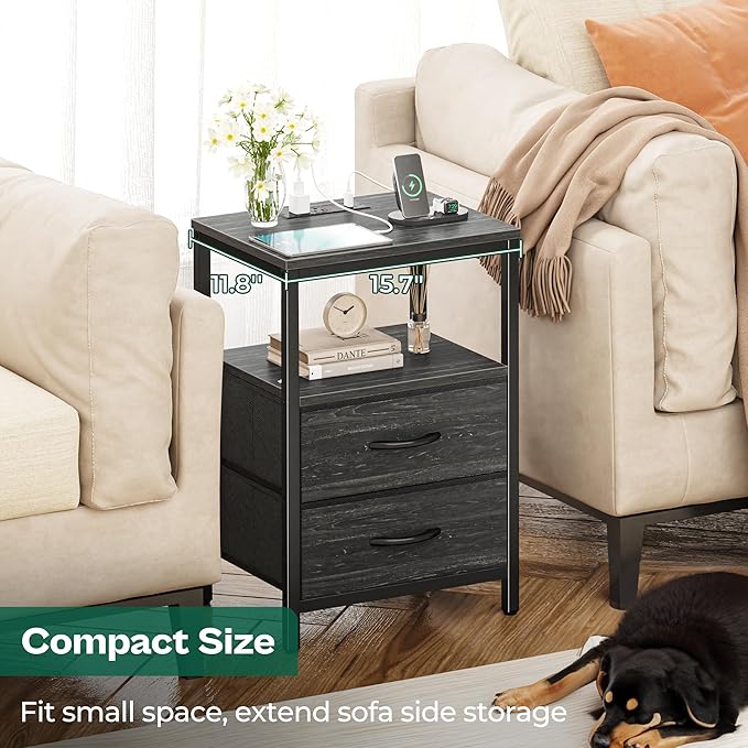 Huuger Nightstand with Charging Station, Fabric Drawers, End Table with Open Shelf, Bedside Table with USB Ports and Outlets, Night Stand for Bedroom, Charcoal Black Wood Grain Print