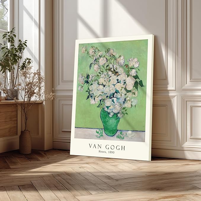 FASWQ Framed Monet Van Gogh William Morris Wall Art, Grass Botanical Wall Decor, Mid Century Impressionist Canvas Paintings, Modern Green Landscape Poster Print for Living Room Bedroom 16"x24"x3