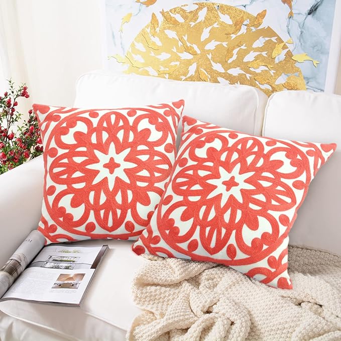 Alysheer Embroidered Decorative Throw Pillow Covers 18"x18" Set of 2pcs, Classic Boho Mandala Knit Pattern Cotton Canvas Cozy Cushion Cases for Sofa Couch Living Room (Coral Peach)