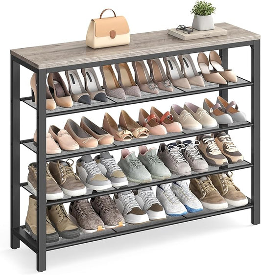 VASAGLE INDESTIC Shoe Rack, Organizer for Closet with 4 Mesh Shelves and Large Top for Bags, Entryway Hallway Shelf, Steel Frame, Industrial, Greige and Black ULBS015B02, 11.8 x 39.4 x 36.4 Inches