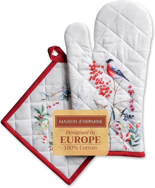 Maison d' Hermine 100% Cotton Oven Mitt & Pot Holder Set (7.5"x13" & 8"x8") Heat Resistant BBQ Cooking Gloves with Loop for Thanksgiving Christmas Decorations Handling Hot Pans (Morzine)