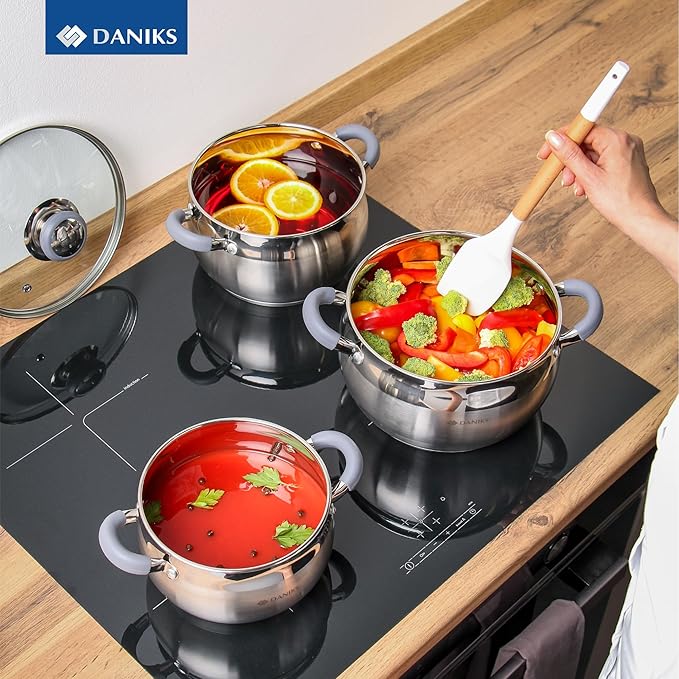 Daniks Modern Stainless Steel Stock Pot with Glass Lid – Induction 3 Quart, Dishwasher Safe, Heatproof Handles, For Soup, Pasta, Stew, Silver