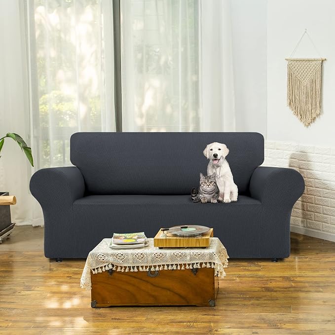 LURKA Stretch Loveseat Sofa Slipcovers 1 Piece Couch Covers for Sofa Furniture Protector Full Sofa Covers with Elastic Bottom for Kids and Dog (Medium, Dark Grey)