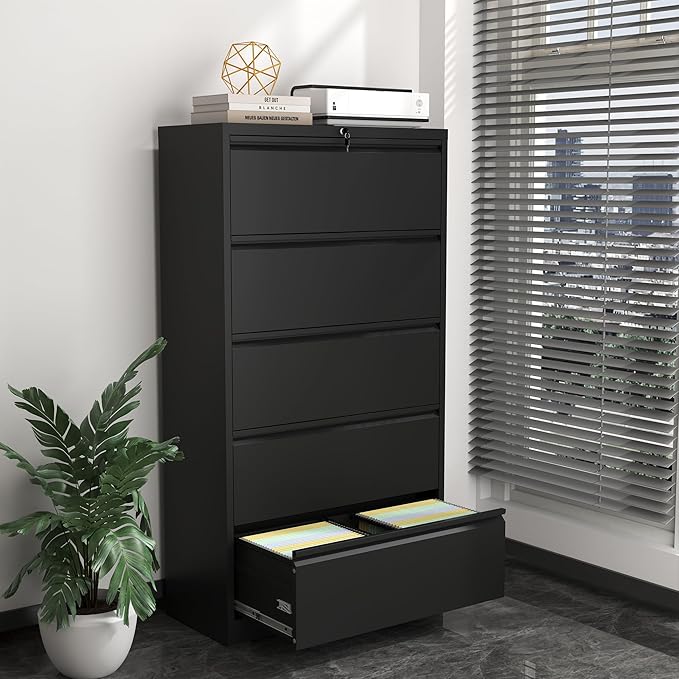 Lateral File Cabinet with Lock,5 Drawer Metal Filing Cabinets, Home Office Storage Cabinet for Hanging Files Letter/Legal/F4/A4 (Black)