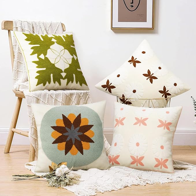 Merrycolor Boho Embroidered Throw Pillow Covers 18x18 Pink Flower Pillow Covers Textured Square Cushion Case Farmhouse Decorative Pillow Covers for Couch Bed,1PC, Beige and Pink Floral