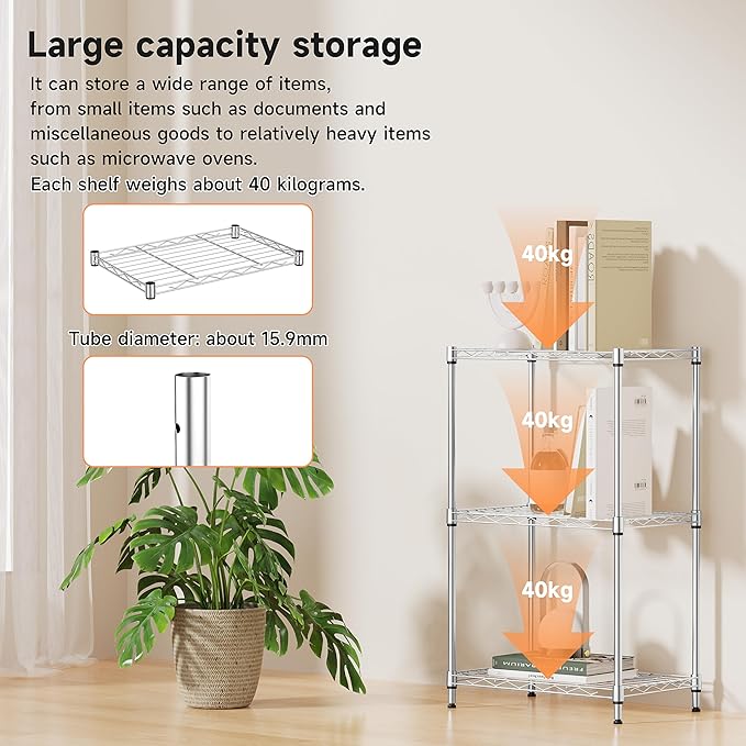 IZEUK 3 Tier Metal Wire Shelving Rack Storage Shelves for Kitchen, Bedroom, Living Room or Laundry Room, Chrome, 17.7" W x 11.8" D x 28.8" H