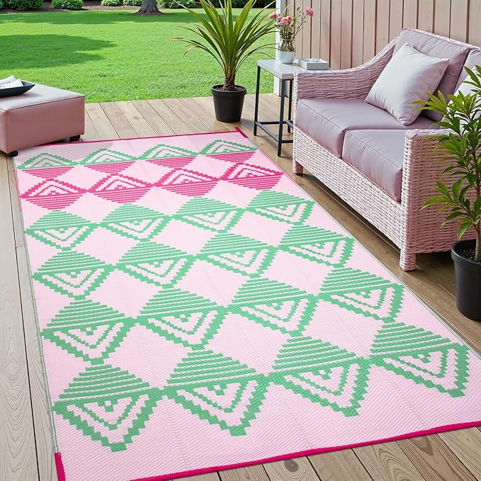 Beeiva Outdoor Rug Waterproof 6x9, Reversible Outdoor Plastic Straw Rug for Camping, Modern Geometric Large Patio Rugs for Porch, Deck, Backyard, Balcony, Picnic - Pink & Green
