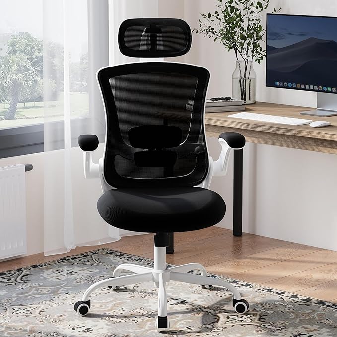 High Back Office Chair with Adjustable Lumbar Support & Headrest, Ergonomic Mesh Desk Chair with Flip-Up Armrests, Breathable & Comfortable Computer Chair for Home, Office & Study, Black