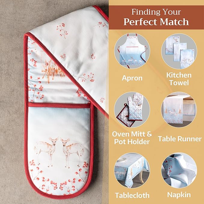 Maison d' Hermine Double Oven Mitt (7" x 35") 100% Cotton Heat Resistant BBQ Cooking Gloves with Loop for Thanksgiving Christmas Decorations Baking Cooking Handling Hot Pan (Fairy Tale Forest)