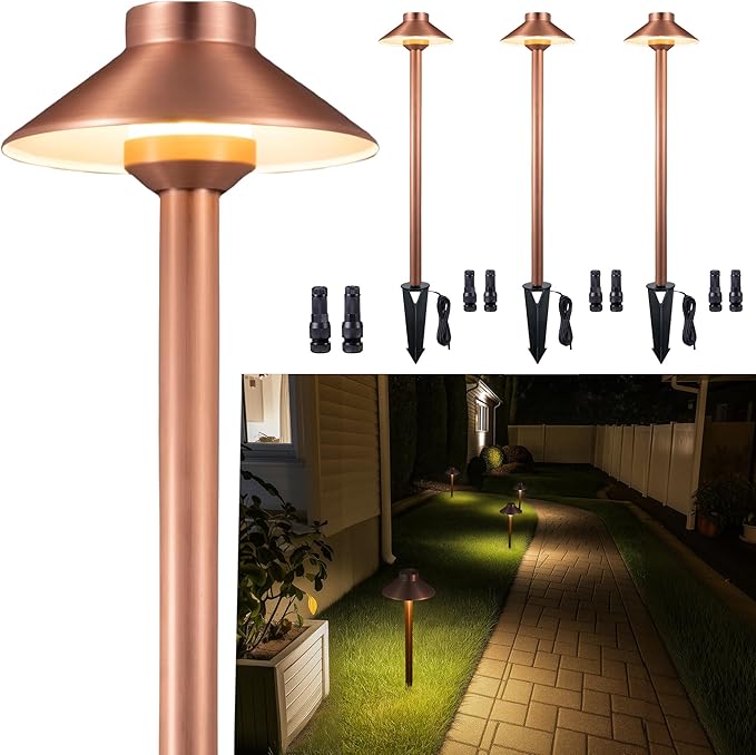 Brass Low Voltage Path Lights(Hat) Outdoor Waterproof IP65, 12V LED Copper Landscape Lights Wired Fixture for Garden Walkway Driveway Garden Yard Without G4 Bulb(4 Pack)