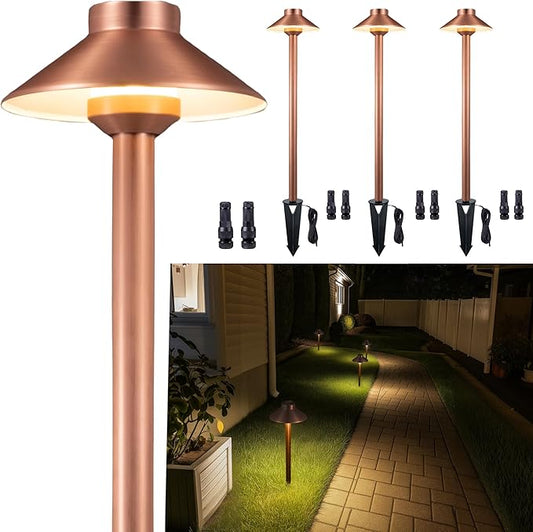 Brass Low Voltage Path Lights(Hat) Outdoor Waterproof IP65, 12V LED Copper Landscape Lights Wired Fixture for Garden Walkway Driveway Garden Yard Without G4 Bulb(4 Pack)