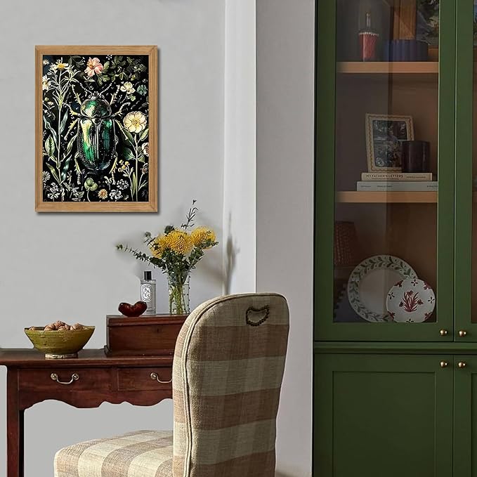 Framed Vintage 3D Textured Wall Art - Gothic Dark College Beetle Wall Decor - Hand Drawn Sandstone Nature Botanical Pictures for Living Room Bedroom Home Decor 12x16in