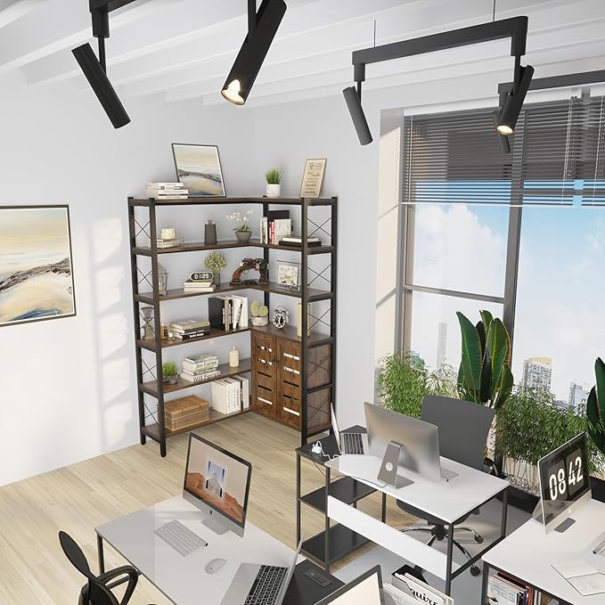Corner Bookshelves and Bookcases Industrial Corner Etagere Bookcase L Shaped Shelf 6 Tiers with Metal Frame for Living Room Home Office