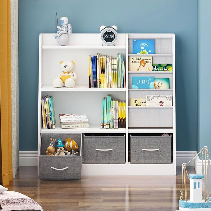 White Kids Bookshelf Wood Toy Storage Organizer Cabinet Children Bookcase Toddler Baby Sling Book Rack 3 Cube Bins Fabric Drawers for Playroom Bedroom Nursery School