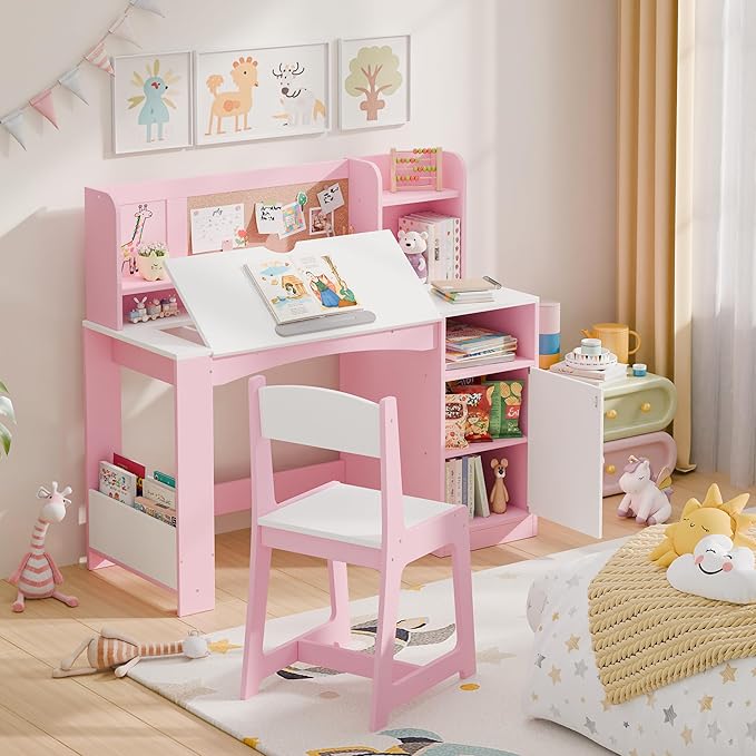 Kids Study Desk with Chair and Tiltable Desktop, Kids Stud Des and Chair Set with Hutch&Storage Cabinet, Wooden Children Study Table for 5-12 Years Old, Student Writing Desk for Bedroom (Pink)