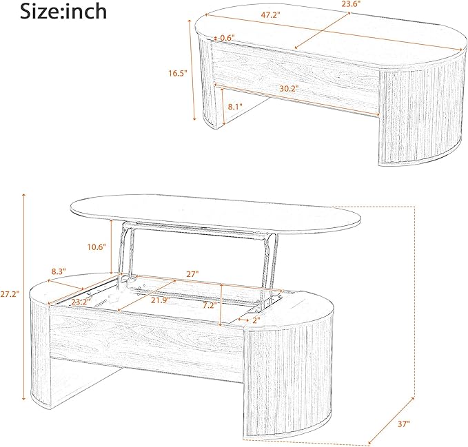WILLIAMSPACE 47.2'' Lift Top Coffee Table with Hidden Compartment Storage, Modern Wooden Oval Center Table Accent Lift Tabletop Tea Table for Living Room, Light Brown