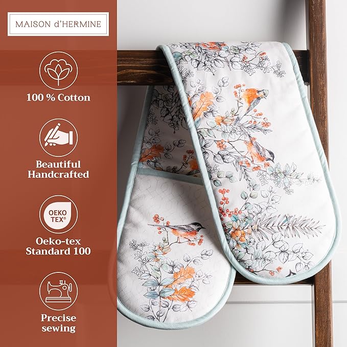 Maison d' Hermine Double Oven Mitt (7" x 35") 100% Cotton Heat Resistant BBQ Cooking Gloves with Loop for Thanksgiving Christmas Decorations Baking Cooking Handling Hot Pan (Whitish Shabby Chique)