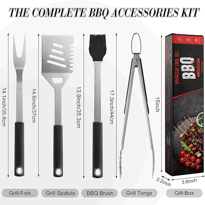 Griddle Accessories Kit - Grilling Accessories, Stainless Steel Heavy Duty Grill Tools Set with Spatula, Fork, Tongs, Brush and Gift-Box for Outdoor Barbecue, Home Grill (4PCS)