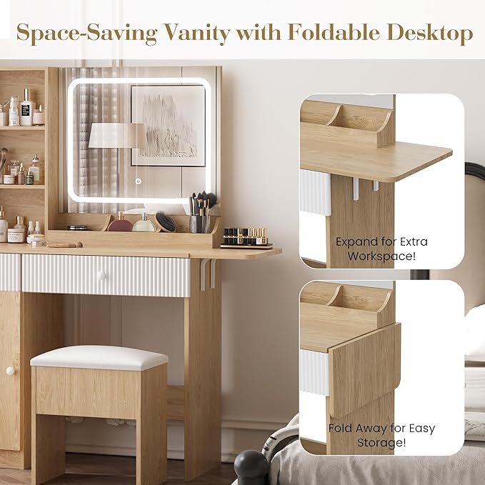 Vanity Desk with Mirror and Lights, Pink Makeup Vanity with Charging Station, Dressing Table Set with Storage Chair, Drawer Shelves, and Foldable Panel for Compact Space Bedroom (Nature Wood)