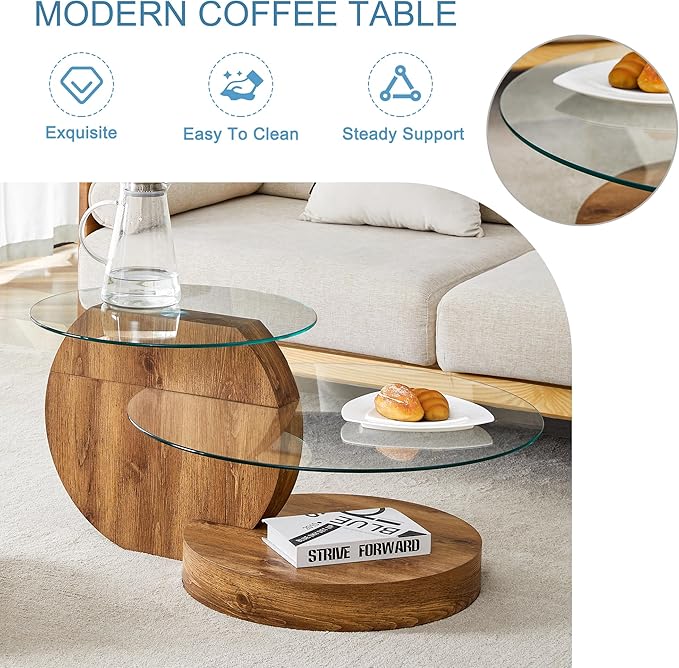 Glass Coffee Table, Modern Round Glass Coffee Table with Wooden Base, 3 Tier Round Coffee Table, Clear Cocktail Table with Storage for Living Room, Office, Balcony, Wood