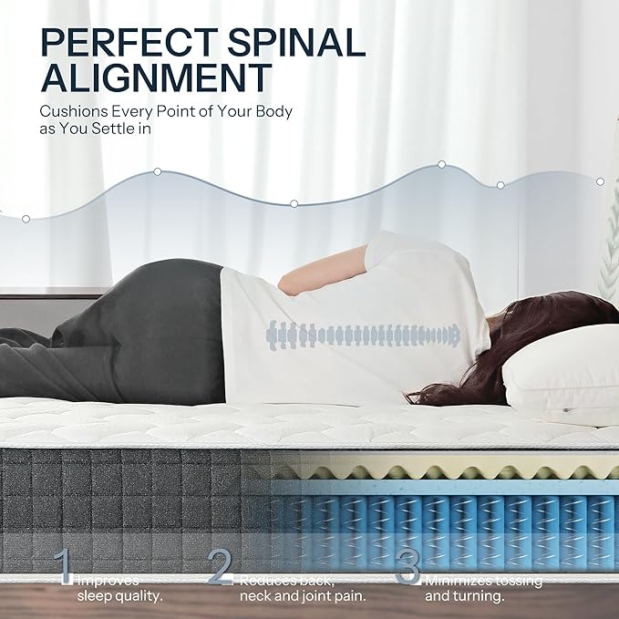 Hybrid Mattress Queen 10 Inch – Pressure Relief Made in USA Queen Bed Mattress in a Box with Pocketed Coils, Reinforced Edge Support, Medium Feel, CertiPUR-US Certified, Bed in a Box, CE-10-Q