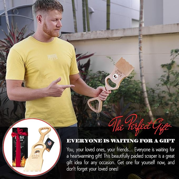Wood Grill Scraper - Wooden Alternative for A BBQ Grill Brush, Made from Natural Pine Hardwood - Uses The New EasyShape Technology for Safe Cleaning & Bristle Free Barbecue