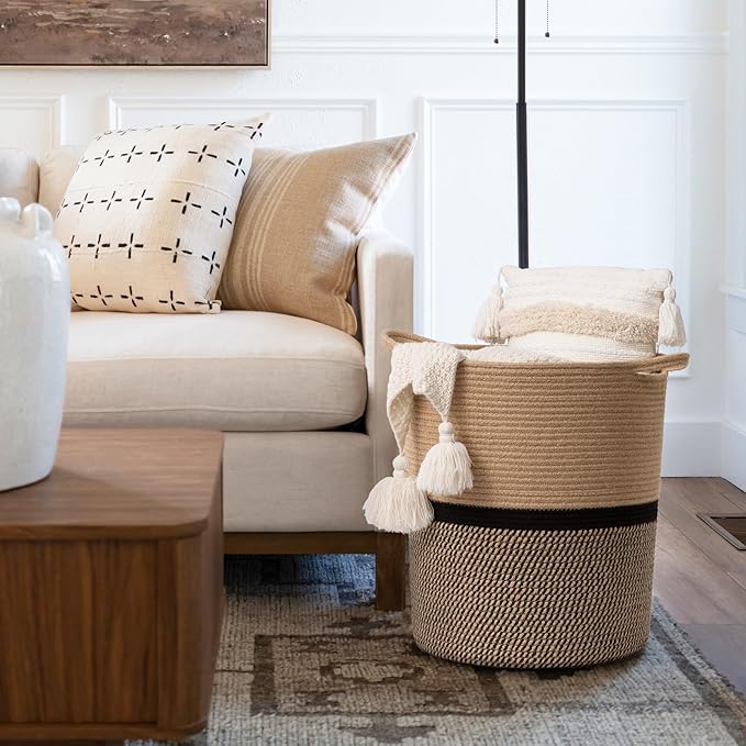 INDRESSME Wicker Laundry Hamper Tall Laundry Basket for Blankets, Clothes, Toys, Woven Storage Baskets for Living Room, Wicker Basket for Gifts, 17.8" x 15.8" x 13.8"