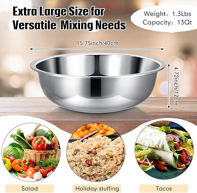 Nuogo 4 Pcs Stainless Steel Mixing Bowls Metal Mixing Bowls Extra Large Basin Salad Basin Deeper Edge Dishwasher Safe Mirror Finish for Home and Commercial, Silver (16 Inch 13 Qt)
