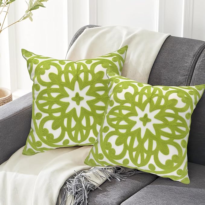 Alysheer Embroidered Summer Decorative Throw Pillow Covers 18"x18" Set of 2, Classic Boho Mandala Green Pattern Cotton Canvas Chic Cushion Cases for Sofa Couch Bed Living Room Decor (Chartreuse Green)